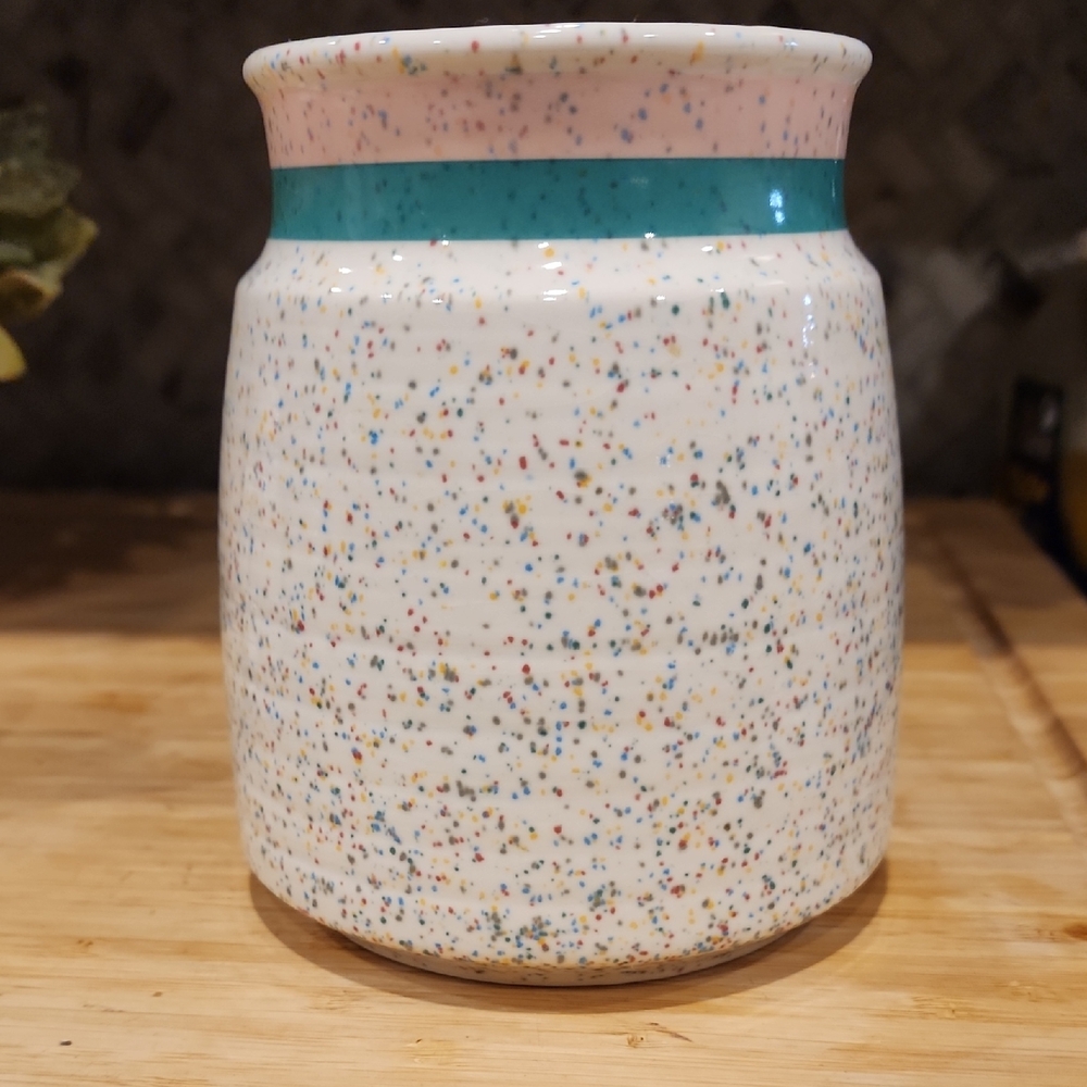 Mid Century Otagiri confetti vase with Turquoise and pink stripe